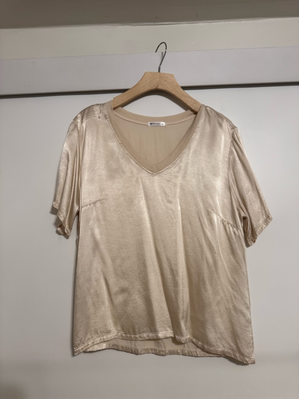 LAmade Satin V-Neck Short Sleeve Top - Champagne Beige